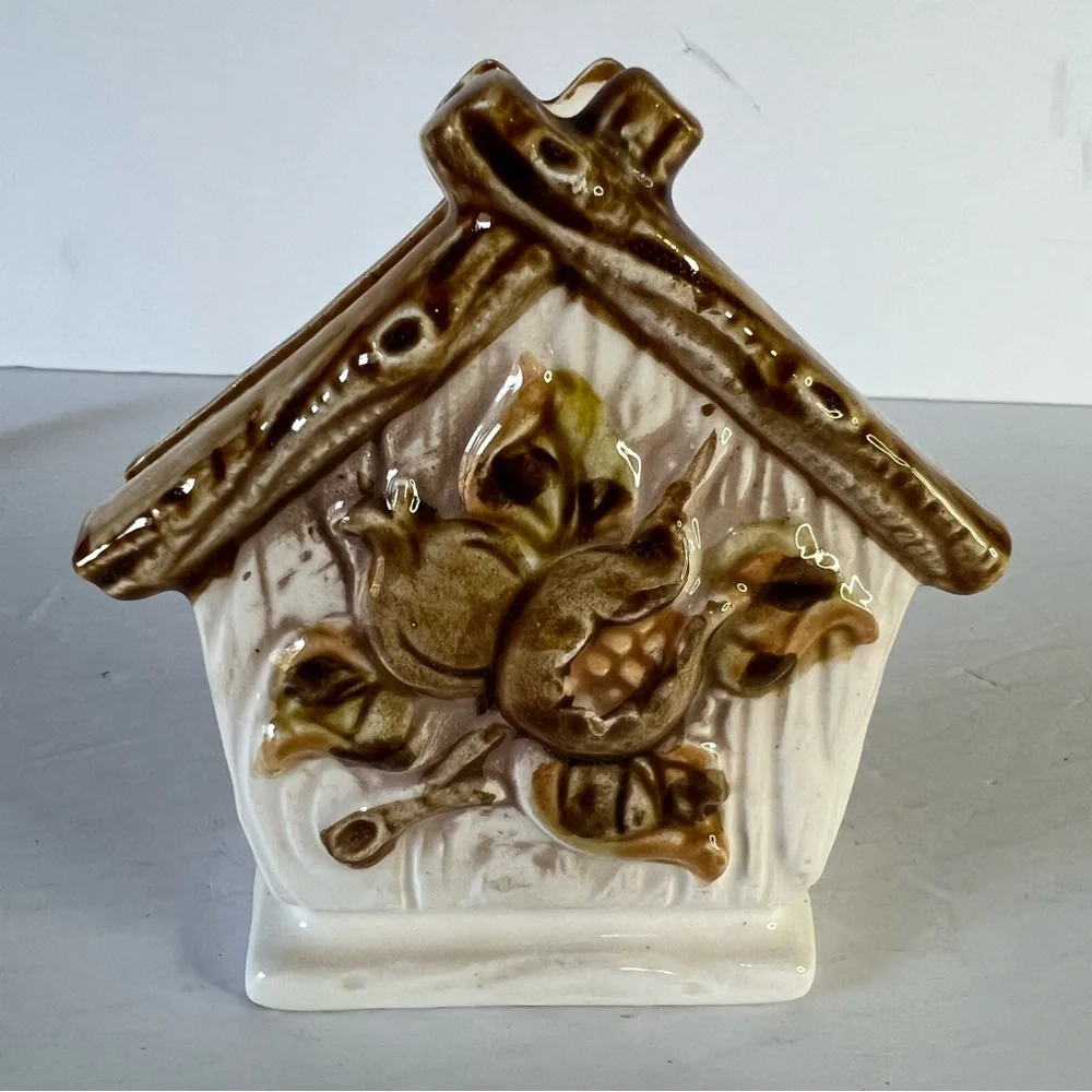 Vintage Ceramic Bird House Tree Forest Napkin or Mail Holder Cell Phone Storage